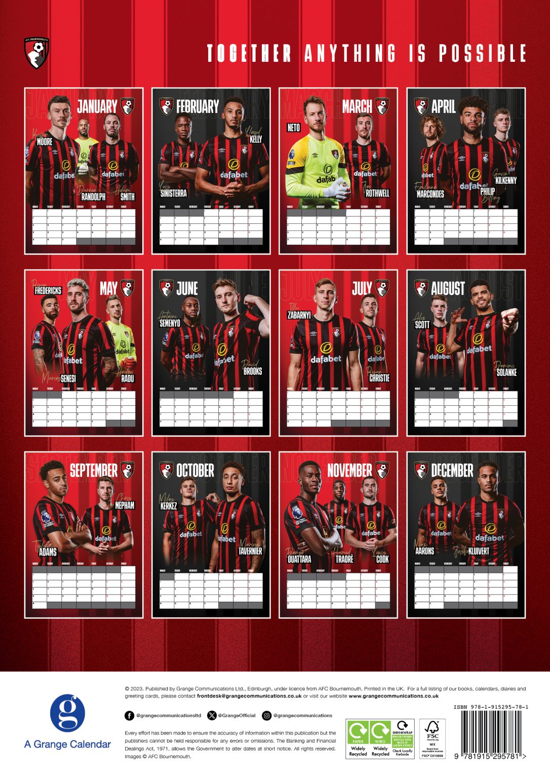 AFC Bournemouth A3 Wall Calendar 2024 Grange Communications